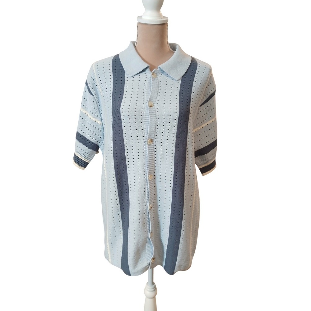ART OF RHETORIC Womens Blue Striped Knit Polo Shirt Short Sleeve Button Up Top L